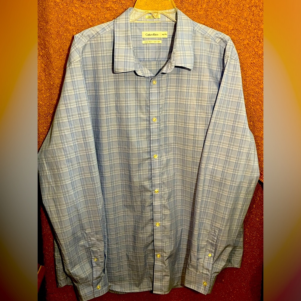 Men’s Calvin Klein Cool Tech non-iron SZ XXL Blue Plaid Long Sleeve Dress Shirt